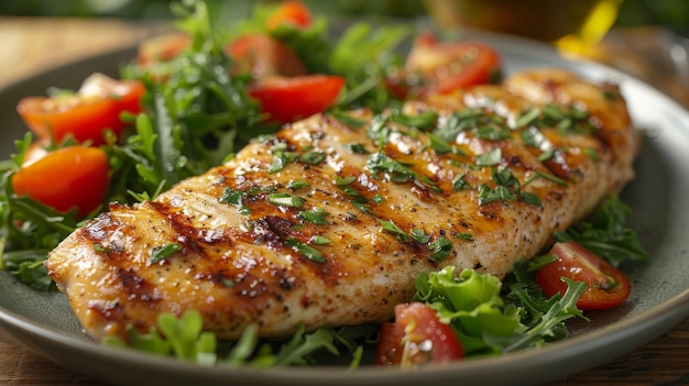 Grilled chicken fillets with green vegetables while consuming a healthy meal