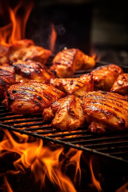 Grilled chicken on a grill with flames