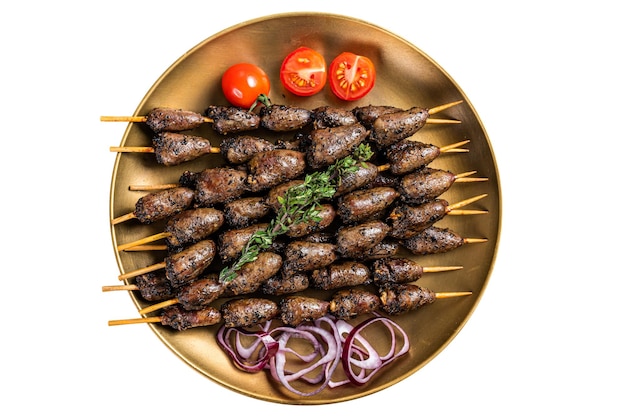 Grilled chicken heart on skewers on a steel plate Isolated on white background