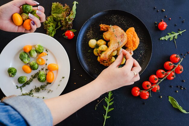 Grilled chicken leg with vegetables recipe concept. cooking process.  