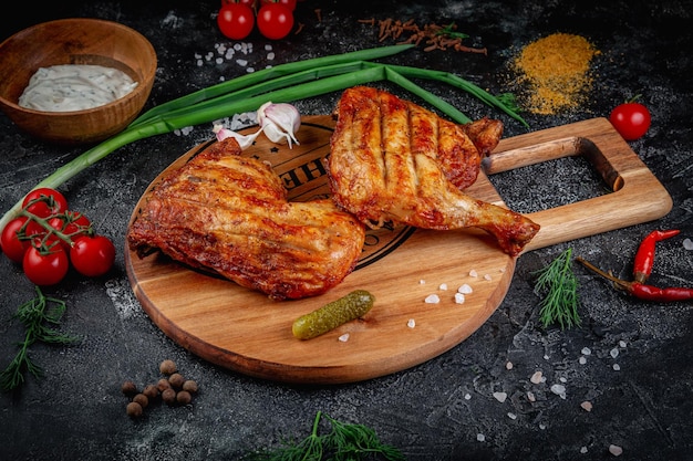 Grilled chicken legs on a dark stone table with vegetables cream and tomato sauce Served on a wooden board Fast food restaurant delivery services