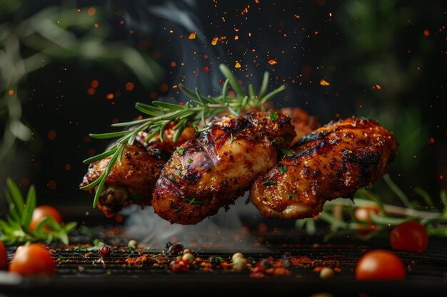 Grilled chicken legs with rosemary and spices on a black grill with smoke and flying spices around