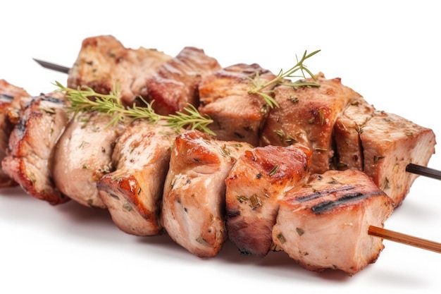 Grilled chicken meat skewer isolated on white background Ai generative