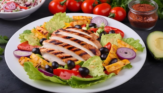 Grilled chicken meat with tasty selection of vegetables