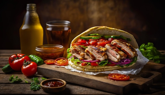 Grilled chicken in pita bread with tomatoes lettuce onions isolated on wooden table Oriental cuisine