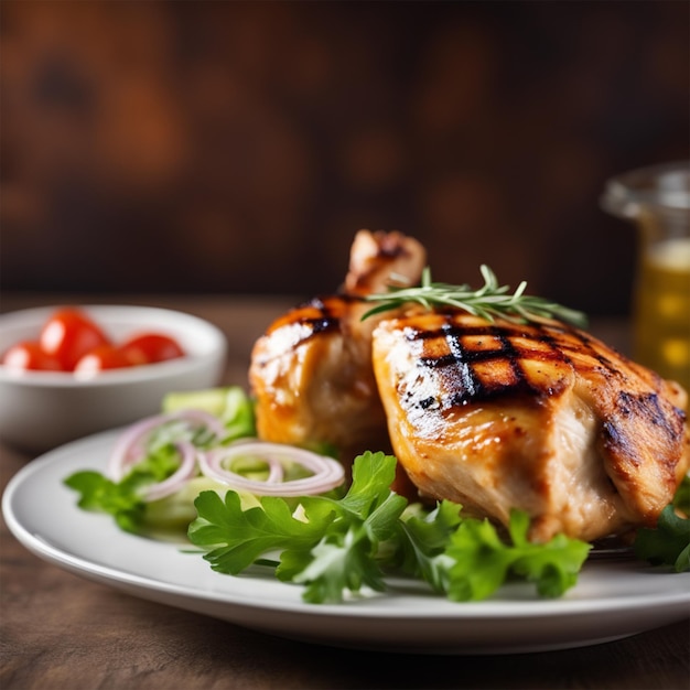 Grilled chicken on a plate with salad ai