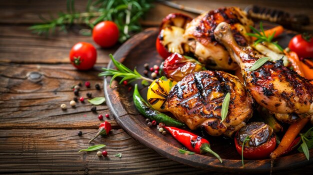 Grilled chicken quarters served with roasted vegetables on a rustic wooden table