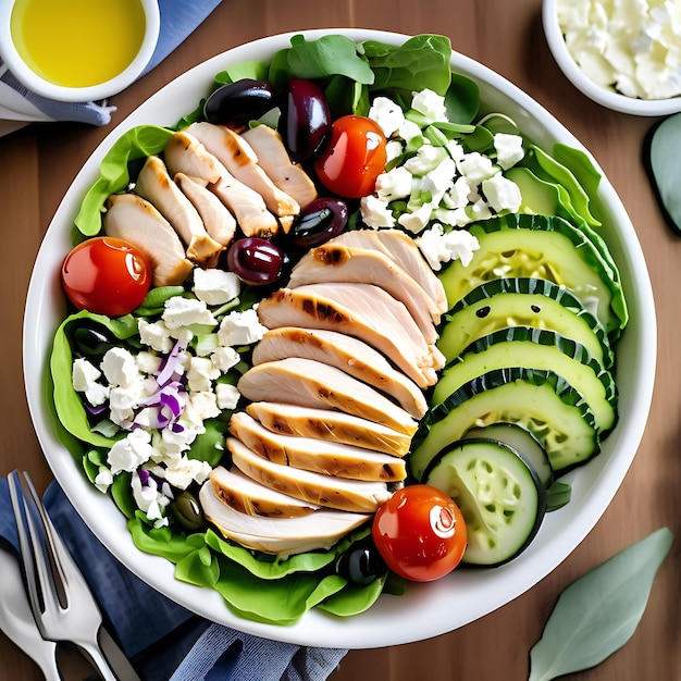 Grilled Chicken Salad with Fresh Greens Feta and Lemon Vinaigrette AI Generate