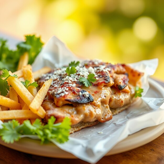 Photo grilled chicken sandwich with fries