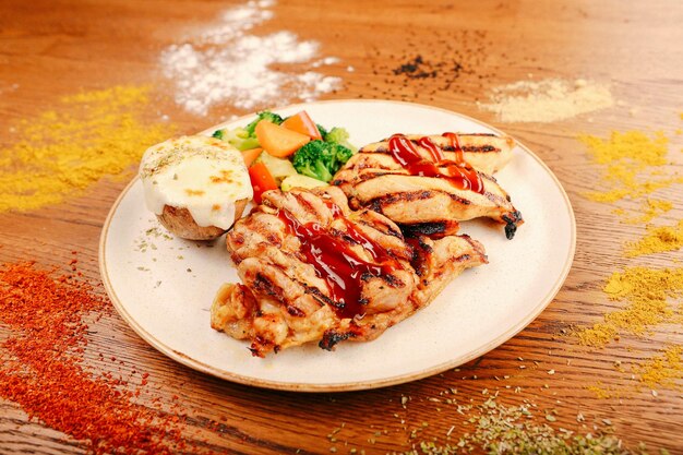 grilled chicken in sauce and delicious vegetables.