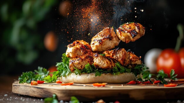 Photo grilled chicken skewer with herbs