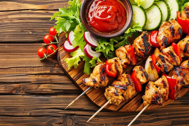 Photo grilled chicken skewers kebabs with red onion and bell pepper served with salad tomatoes and sauce