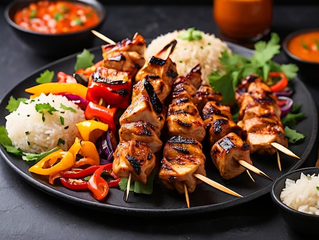 Grilled Chicken Skewers with Bell Peppers and Onions Served with Rice Salad