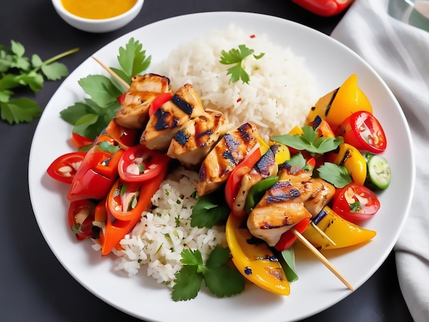 Photo grilled chicken skewers with rice salad