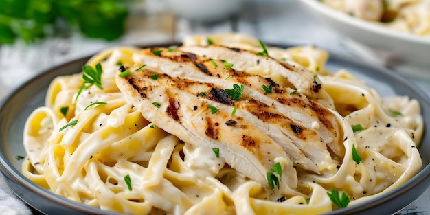 Grilled chicken slices over fettuccine alfredo with parsley on a plate Concept Food Photography Chicken Dishes Pasta Recipes Home Cooking Italian Cuisine