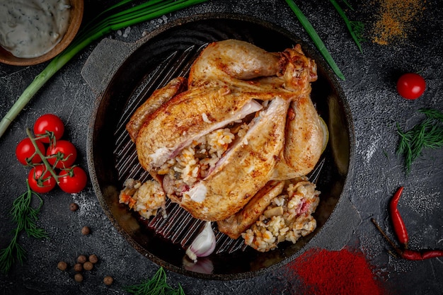 Grilled chicken stuffed with buckwheat on a dark stone table with vegetables cream and tomato sauce Served in a frying pan Fast food restaurant delivery service