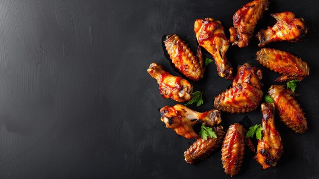 Photo grilled chicken wings arranged in circle on dark background with parsley garnish