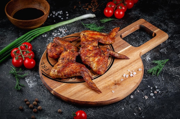 Grilled chicken wings on a dark stone table with vegetables cream and tomato sauce Served on a wooden board Fast food restaurant delivery service