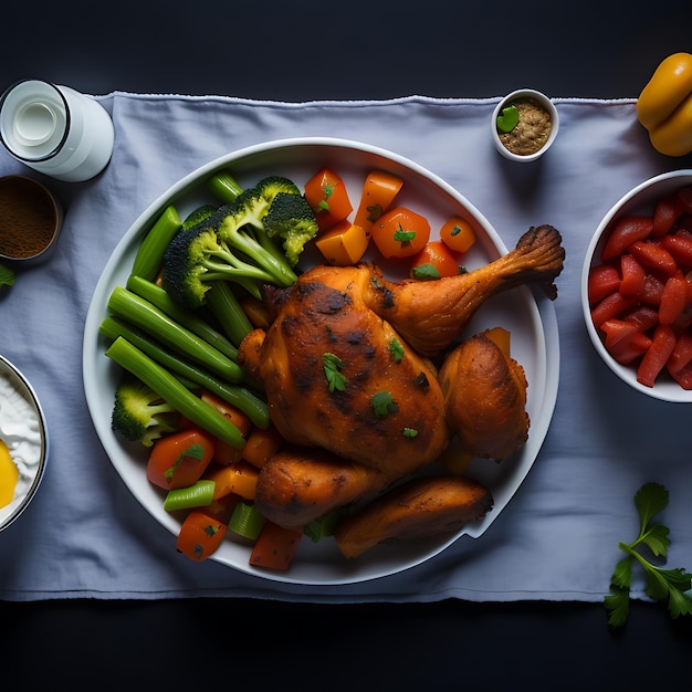 grilled chicken wings or roasted bbq with spices and tomato salsa sauce on a black plate