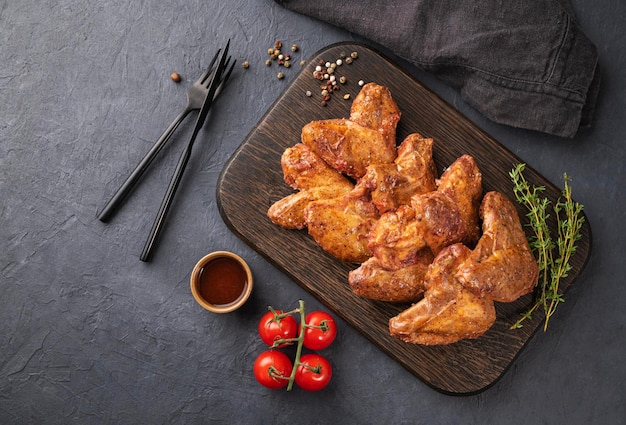 Grilled chicken wings with bbq sauce tomato and fresh herb on a wooden board on a dark background Top view