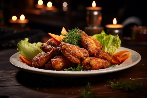 Photo grilled chicken wings with onion rings and parsley