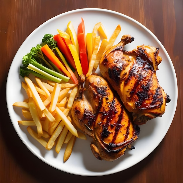 Grilled Chicken with Crispy French Fries and Fresh Vegetables