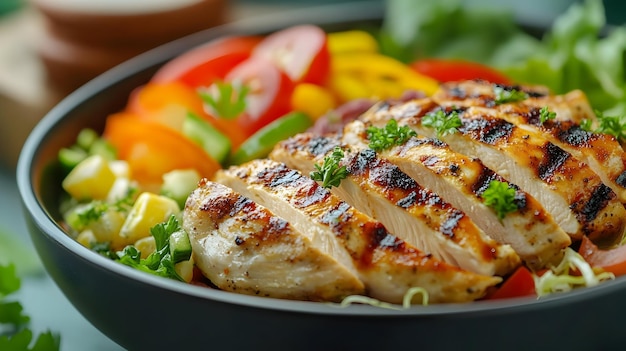 Photo grilled chicken with rosemary tomatoes and bell peppers