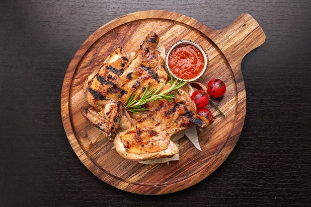 Grilled chicken with sauce on a wooden board