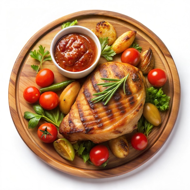 Grilled chicken on a wooden plate