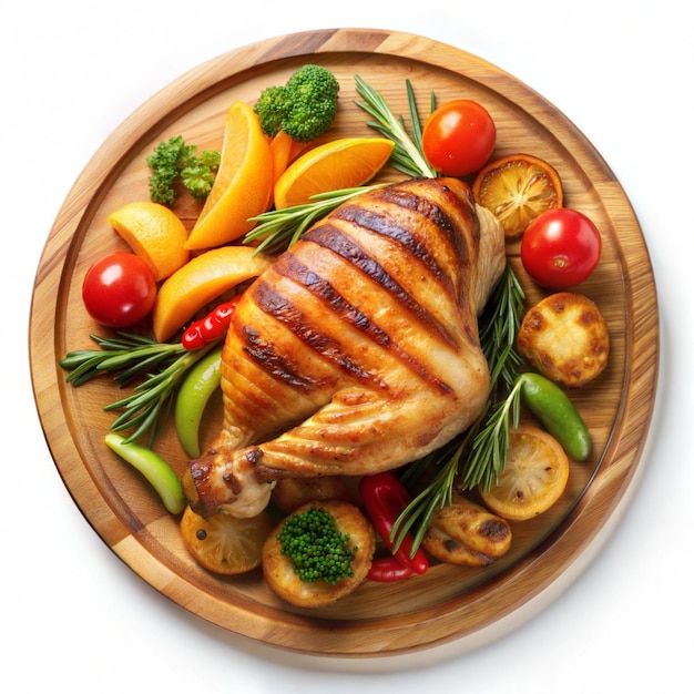 Grilled chicken on a wooden plate