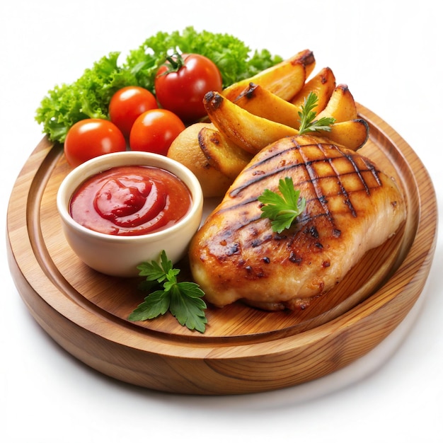 Grilled chicken on a wooden plate