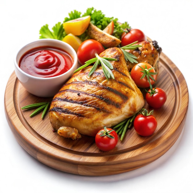 Grilled chicken on a wooden plate