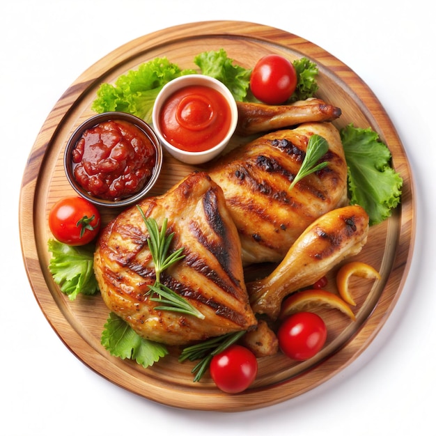 Grilled chicken on a wooden plate