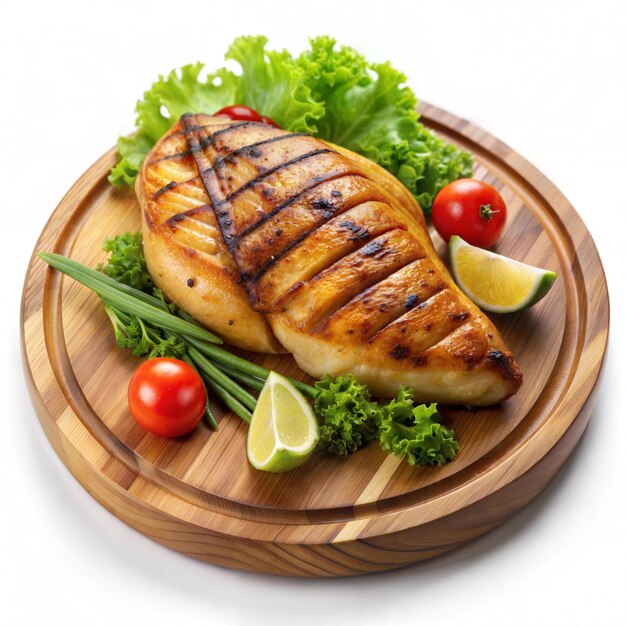 Grilled chicken on a wooden plate