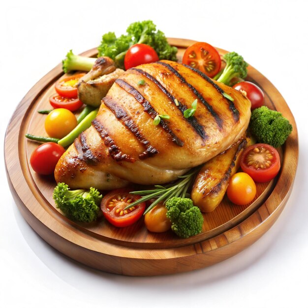 Grilled chicken on a wooden plate