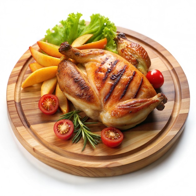 Grilled chicken on a wooden plate