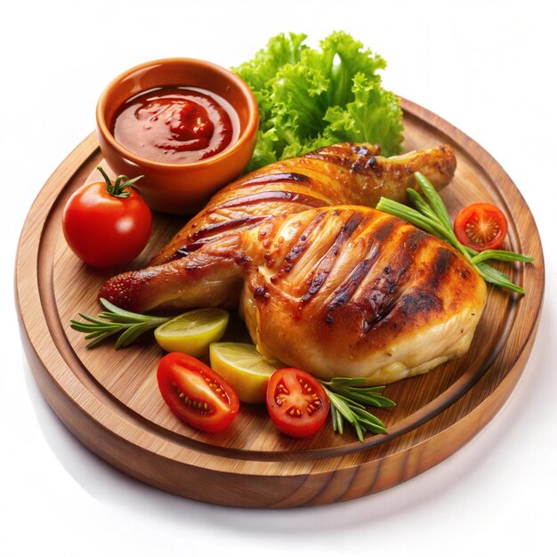 Grilled chicken on a wooden plate