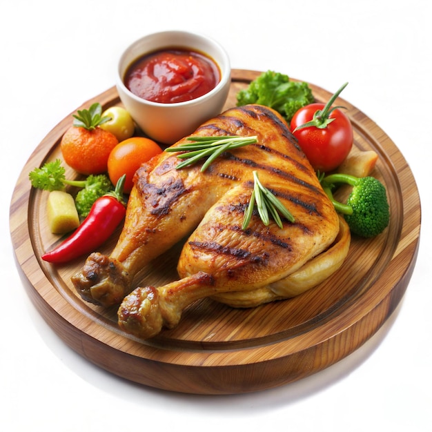 Grilled chicken on a wooden plate