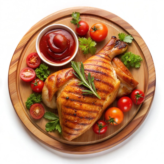 Grilled chicken on a wooden plate