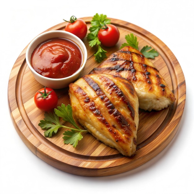 Grilled chicken on a wooden plate