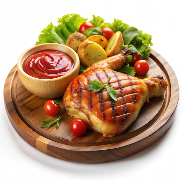 Grilled chicken on a wooden plate