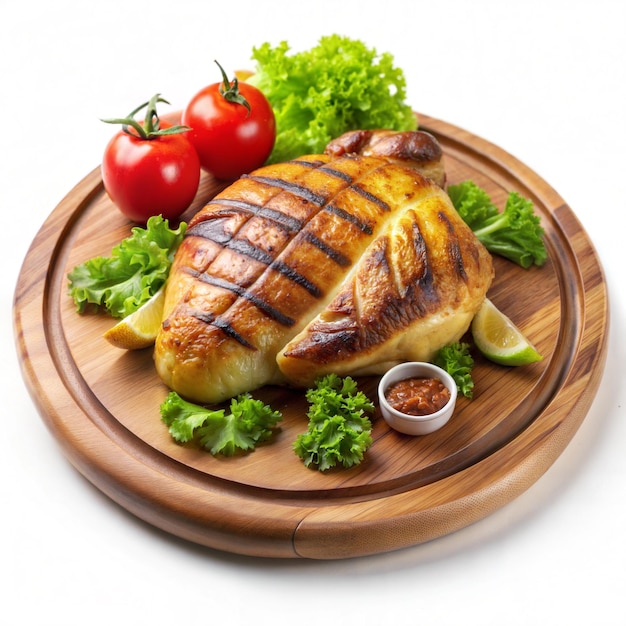 Grilled chicken on a wooden plate