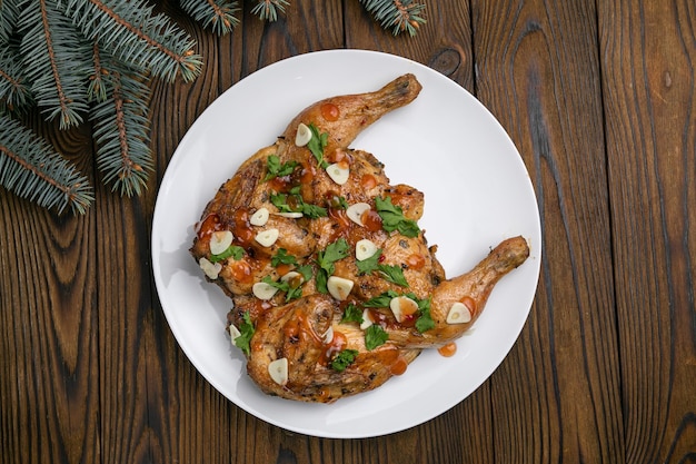 grilled chicken on a wooden table Christmas dinner