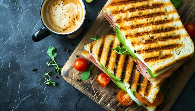 Photo grilled club sandwich panini with ham tomato cheese avocado and cup of coffee delicious breakfast or snack top view flat lay