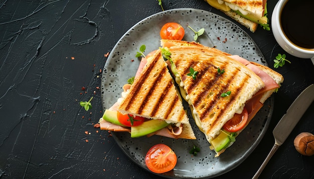 Photo grilled club sandwich panini with ham tomato cheese avocado and cup of coffee delicious breakfast or snack top view flat lay