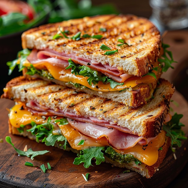 Grilled club sandwich with ham cheese and lettuce on table