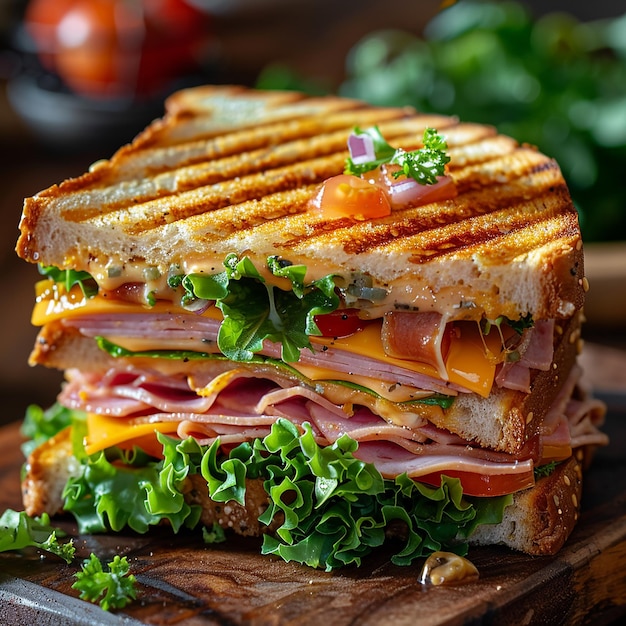 Grilled club sandwich with ham cheese and lettuce on table