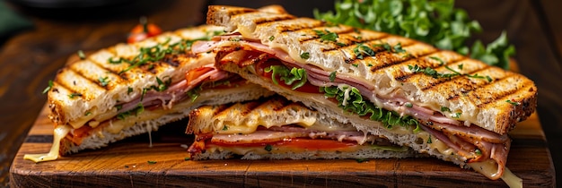 Grilled club sandwich with ham cheese and lettuce on table