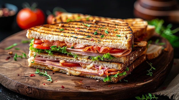 Grilled club sandwich with ham cheese and lettuce on table