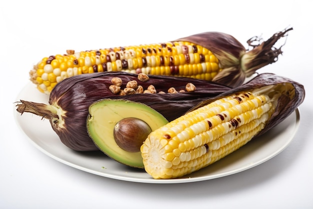 Grilled corn on the cob with avocado on the side